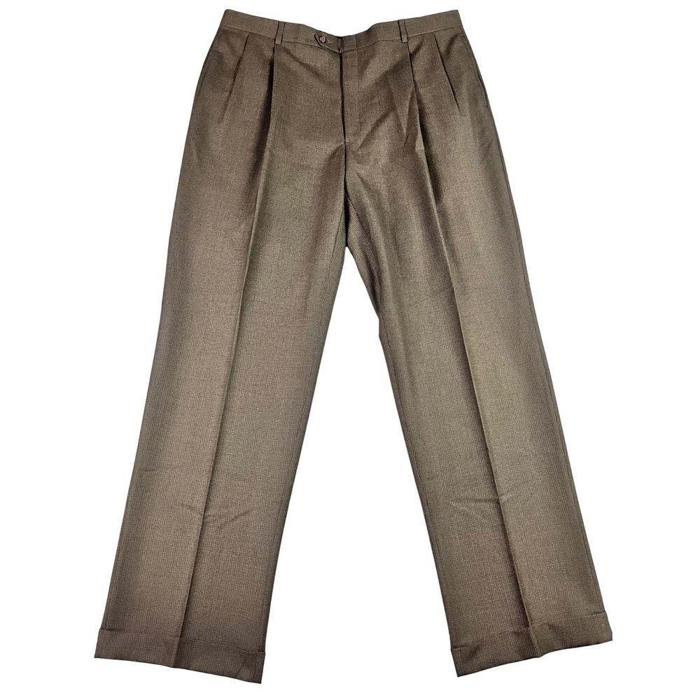 Austin Reed Mens Pleated Cuffed Dress Pants Micro Check Trousers Brown 37x33 EUC